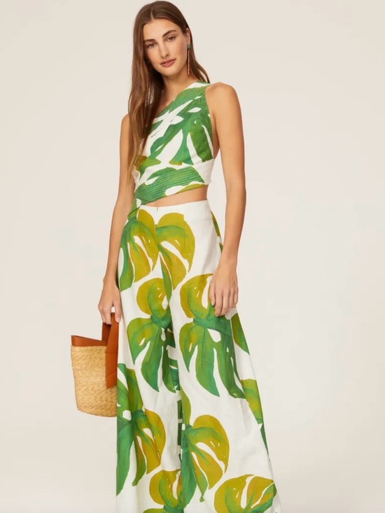 FARM Rio Dresses & Skirts - FARM Rio White One-Shoulder Tropical Leaf Wide-Leg Jumpsuit